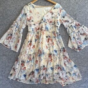 Cottagecore Dress Womens Medium Floral Ruffle Bell‎ Sleeve Boho Spring V Neck